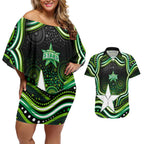 Melbourne Stars Cricket Couples Matching Off Shoulder Short Dress and Hawaiian Shirt Australian Cricket Mascot - Modern Indigenous Style