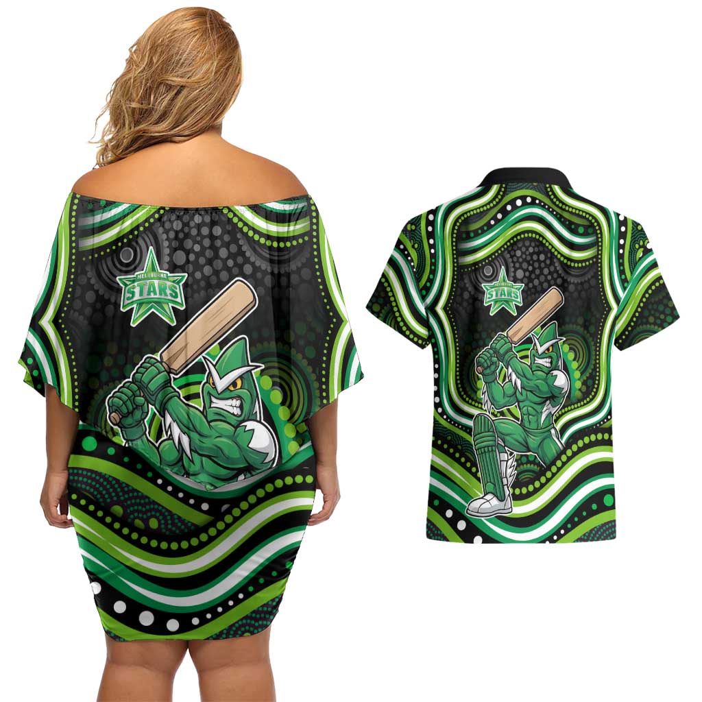 Melbourne Stars Cricket Couples Matching Off Shoulder Short Dress and Hawaiian Shirt Australian Cricket Mascot - Modern Indigenous Style