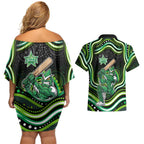 Melbourne Stars Cricket Couples Matching Off Shoulder Short Dress and Hawaiian Shirt Australian Cricket Mascot - Modern Indigenous Style