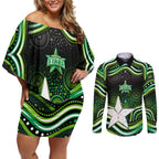 Melbourne Stars Cricket Couples Matching Off Shoulder Short Dress and Long Sleeve Button Shirt Australian Cricket Mascot - Modern Indigenous Style