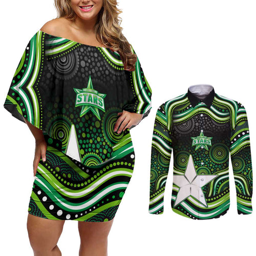 Melbourne Stars Cricket Couples Matching Off Shoulder Short Dress and Long Sleeve Button Shirt Australian Cricket Mascot - Modern Indigenous Style