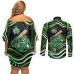 Melbourne Stars Cricket Couples Matching Off Shoulder Short Dress and Long Sleeve Button Shirt Australian Cricket Mascot - Modern Indigenous Style