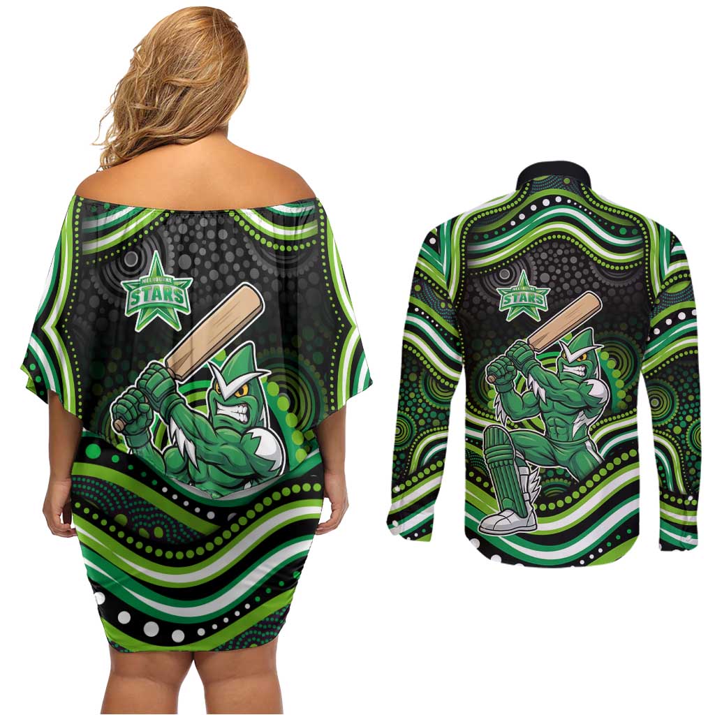 Melbourne Stars Cricket Couples Matching Off Shoulder Short Dress and Long Sleeve Button Shirt Australian Cricket Mascot - Modern Indigenous Style