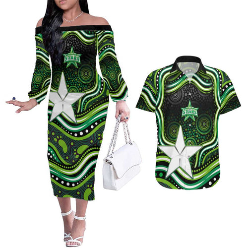 Melbourne Stars Cricket Couples Matching Off The Shoulder Long Sleeve Dress and Hawaiian Shirt Australian Cricket Mascot - Modern Indigenous Style