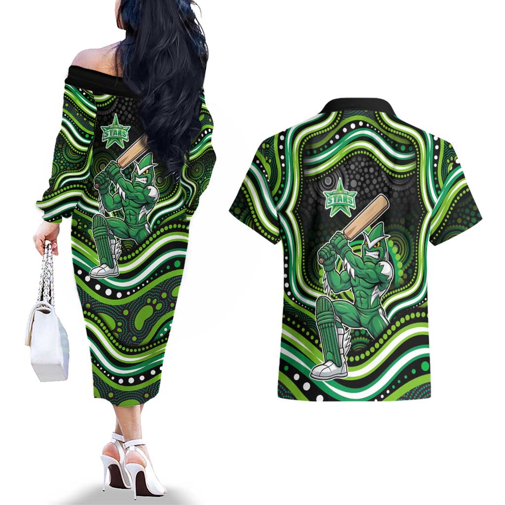 Melbourne Stars Cricket Couples Matching Off The Shoulder Long Sleeve Dress and Hawaiian Shirt Australian Cricket Mascot - Modern Indigenous Style