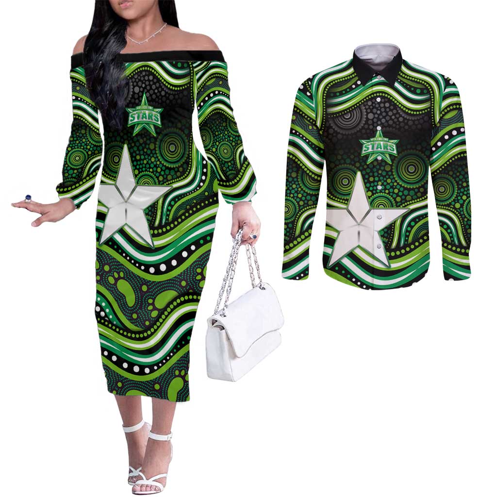 Melbourne Stars Cricket Couples Matching Off The Shoulder Long Sleeve Dress and Long Sleeve Button Shirt Australian Cricket Mascot - Modern Indigenous Style