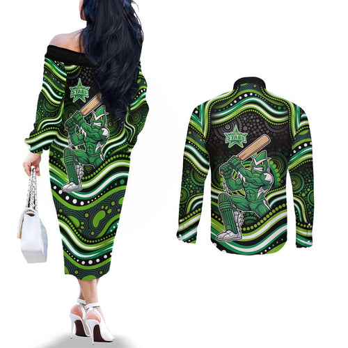 Melbourne Stars Cricket Couples Matching Off The Shoulder Long Sleeve Dress and Long Sleeve Button Shirt Australian Cricket Mascot - Modern Indigenous Style
