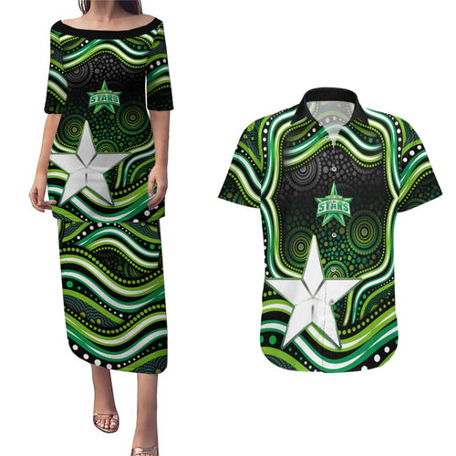 Melbourne Stars Cricket Couples Matching Puletasi and Hawaiian Shirt Australian Cricket Mascot - Modern Indigenous Style