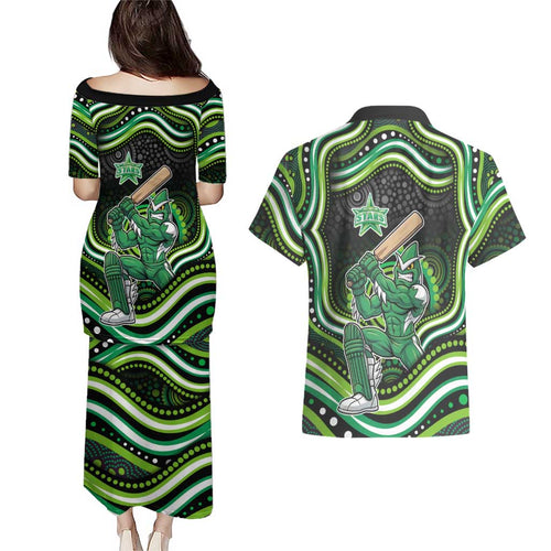 Melbourne Stars Cricket Couples Matching Puletasi and Hawaiian Shirt Australian Cricket Mascot - Modern Indigenous Style
