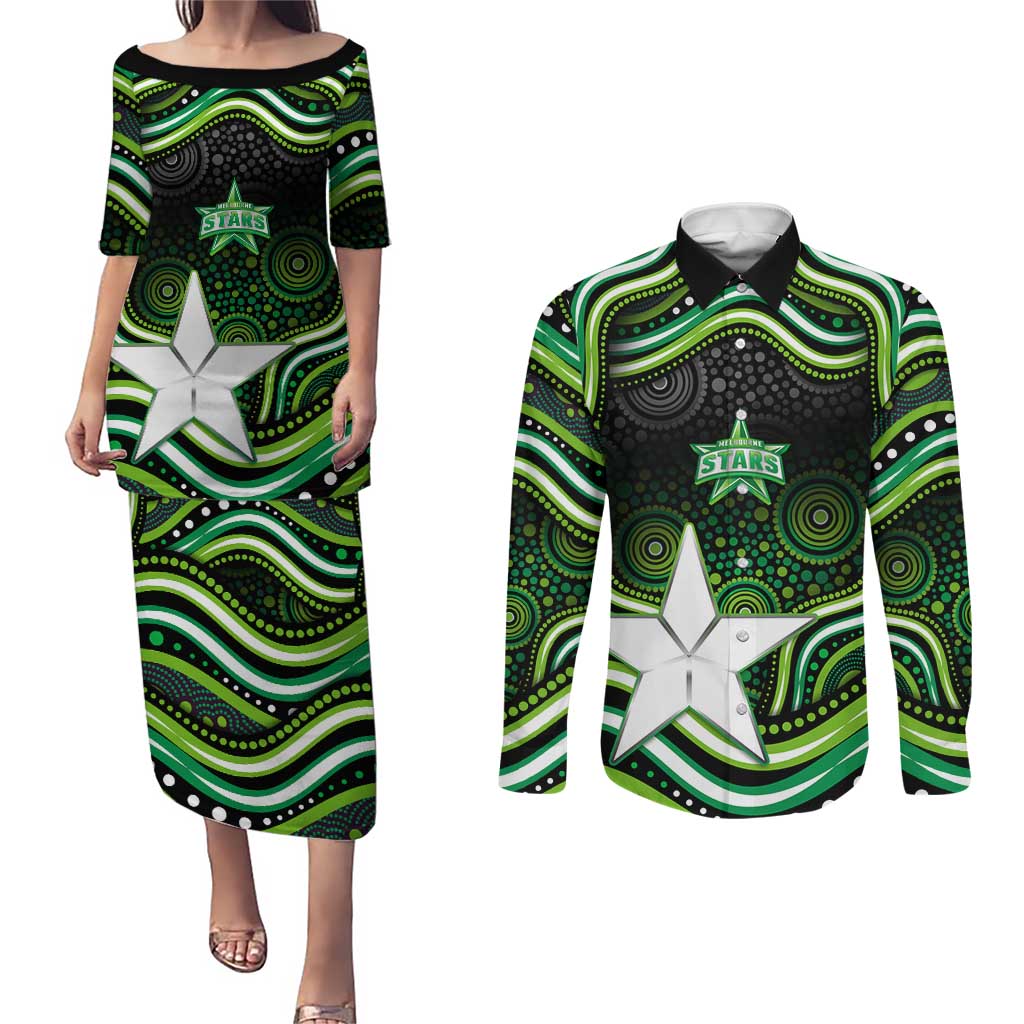 Melbourne Stars Cricket Couples Matching Puletasi and Long Sleeve Button Shirt Australian Cricket Mascot - Modern Indigenous Style