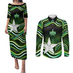 Melbourne Stars Cricket Couples Matching Puletasi and Long Sleeve Button Shirt Australian Cricket Mascot - Modern Indigenous Style