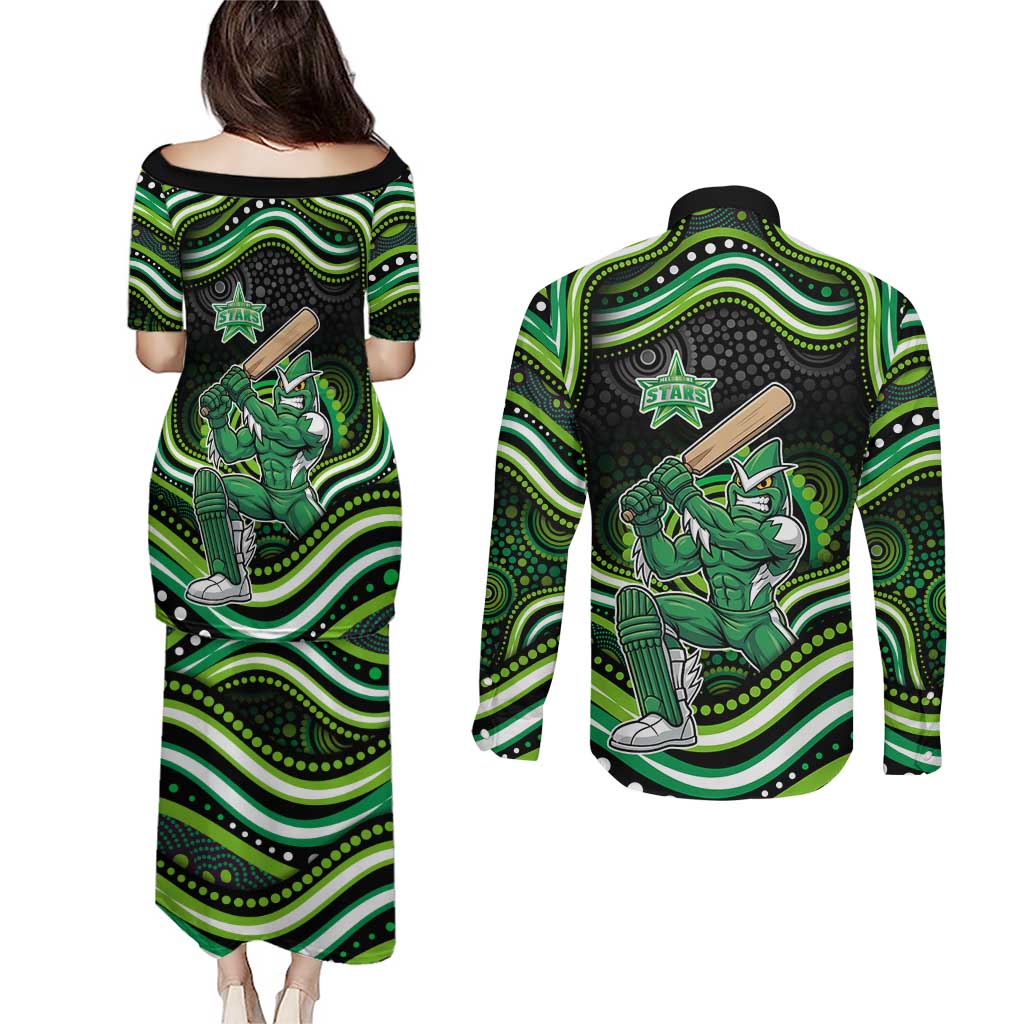 Melbourne Stars Cricket Couples Matching Puletasi and Long Sleeve Button Shirt Australian Cricket Mascot - Modern Indigenous Style