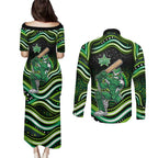 Melbourne Stars Cricket Couples Matching Puletasi and Long Sleeve Button Shirt Australian Cricket Mascot - Modern Indigenous Style