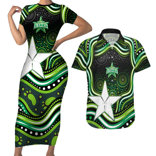 Melbourne Stars Cricket Couples Matching Short Sleeve Bodycon Dress and Hawaiian Shirt Australian Cricket Mascot - Modern Indigenous Style