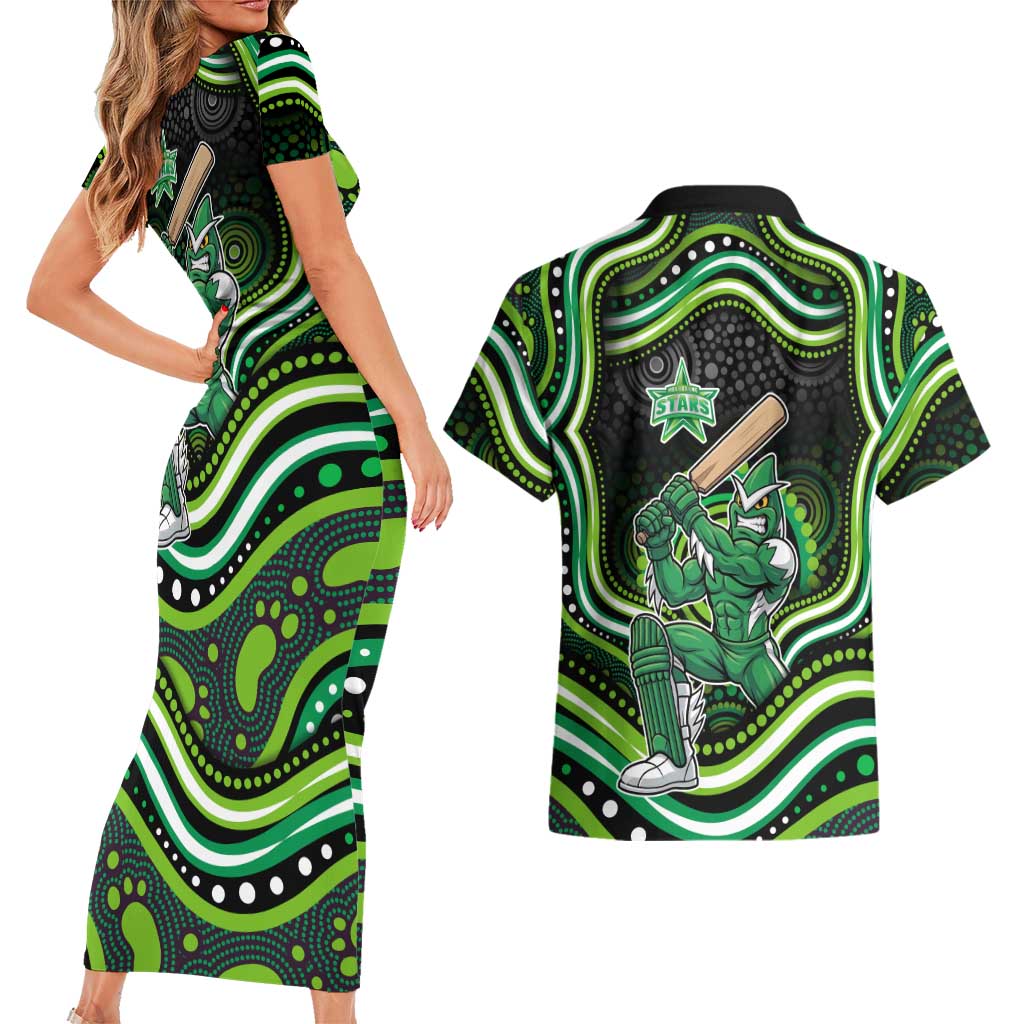 Melbourne Stars Cricket Couples Matching Short Sleeve Bodycon Dress and Hawaiian Shirt Australian Cricket Mascot - Modern Indigenous Style