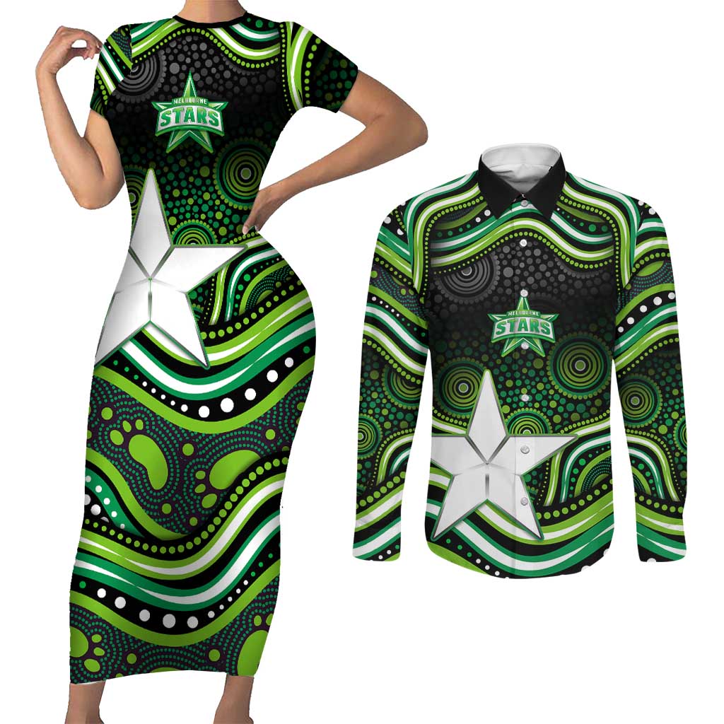 Melbourne Stars Cricket Couples Matching Short Sleeve Bodycon Dress and Long Sleeve Button Shirt Australian Cricket Mascot - Modern Indigenous Style
