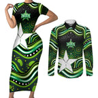 Melbourne Stars Cricket Couples Matching Short Sleeve Bodycon Dress and Long Sleeve Button Shirt Australian Cricket Mascot - Modern Indigenous Style