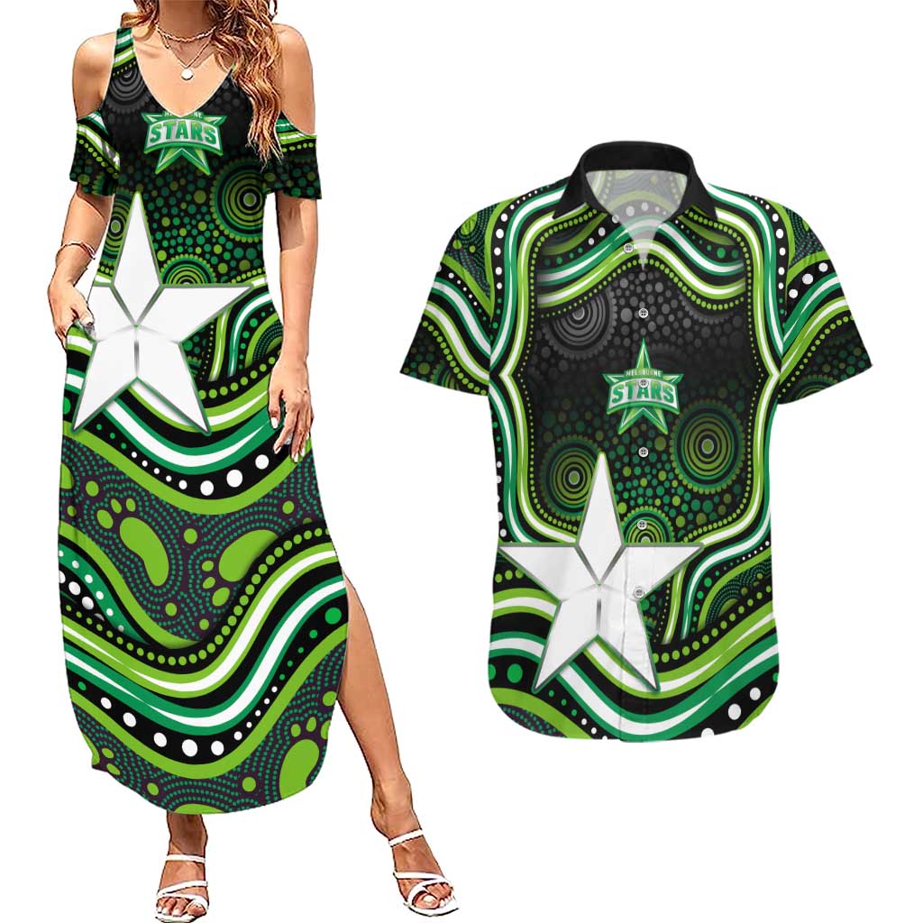 Melbourne Stars Cricket Couples Matching Summer Maxi Dress and Hawaiian Shirt Australian Cricket Mascot - Modern Indigenous Style