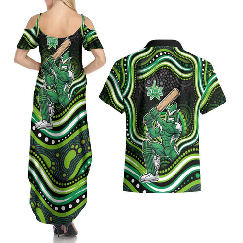 Melbourne Stars Cricket Couples Matching Summer Maxi Dress and Hawaiian Shirt Australian Cricket Mascot - Modern Indigenous Style
