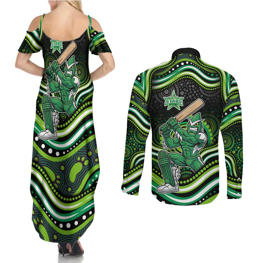 Melbourne Stars Cricket Couples Matching Summer Maxi Dress and Long Sleeve Button Shirt Australian Cricket Mascot - Modern Indigenous Style