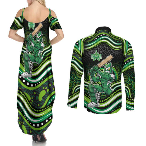 Melbourne Stars Cricket Couples Matching Summer Maxi Dress and Long Sleeve Button Shirt Australian Cricket Mascot - Modern Indigenous Style