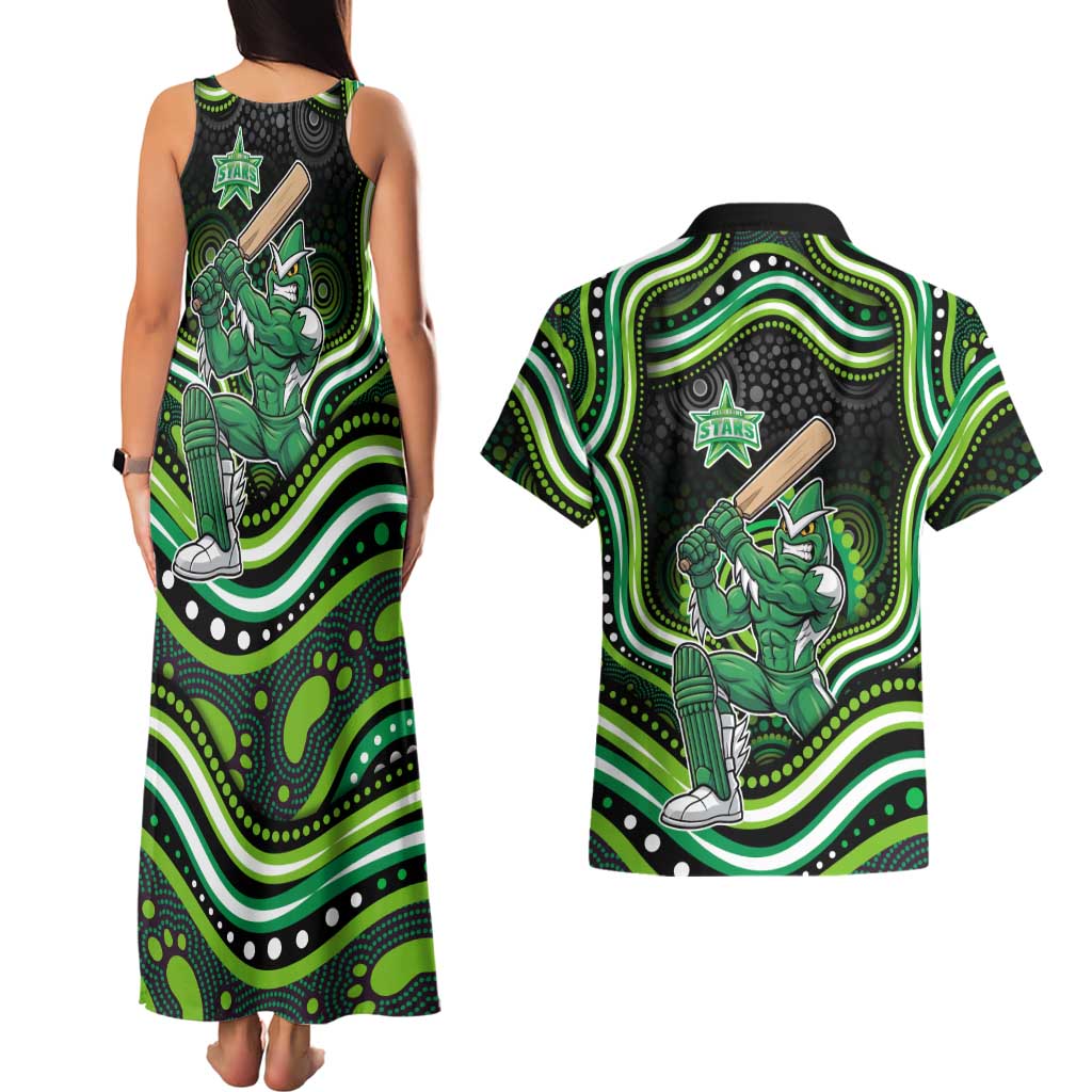 Melbourne Stars Cricket Couples Matching Tank Maxi Dress and Hawaiian Shirt Australian Cricket Mascot - Modern Indigenous Style