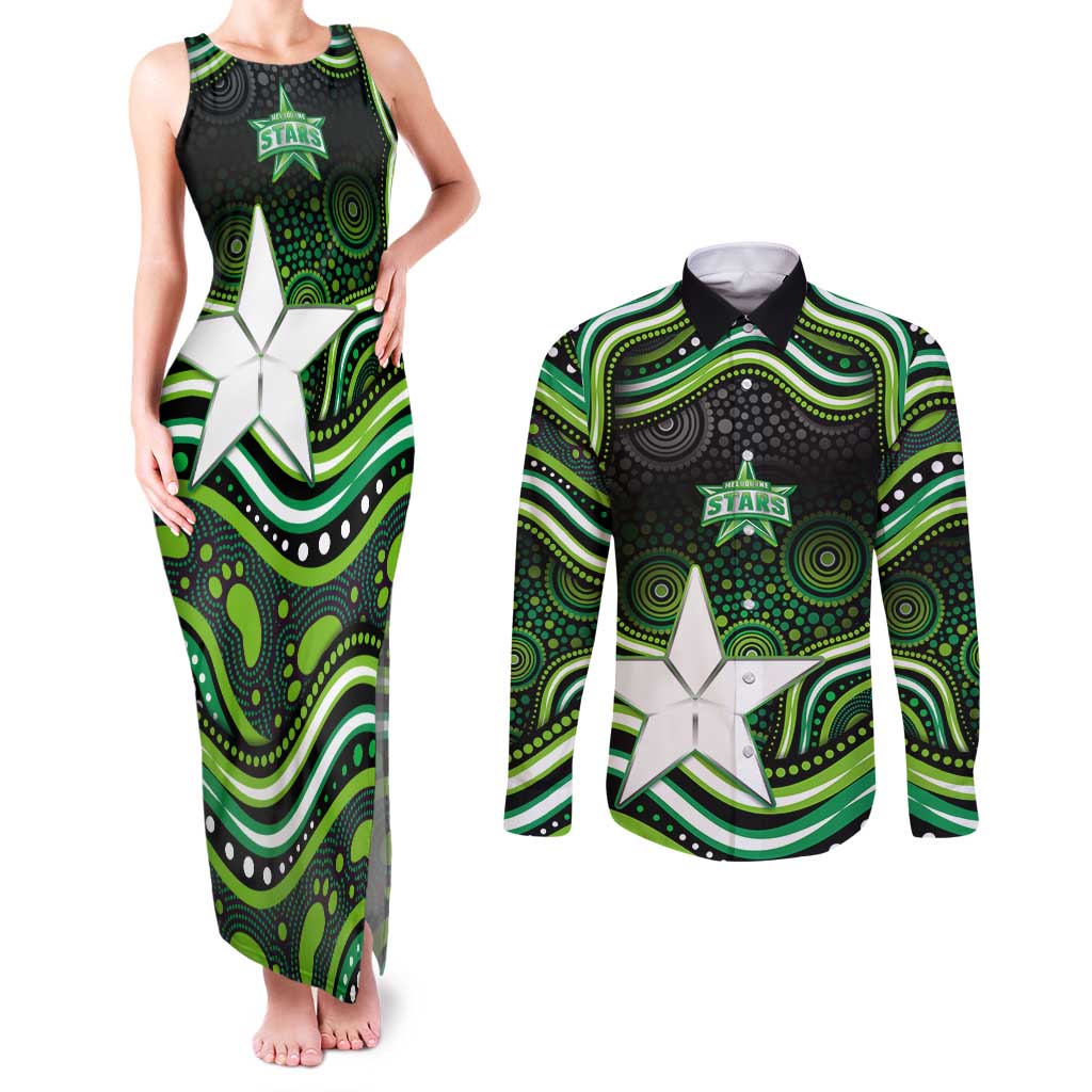 Melbourne Stars Cricket Couples Matching Tank Maxi Dress and Long Sleeve Button Shirt Australian Cricket Mascot - Modern Indigenous Style