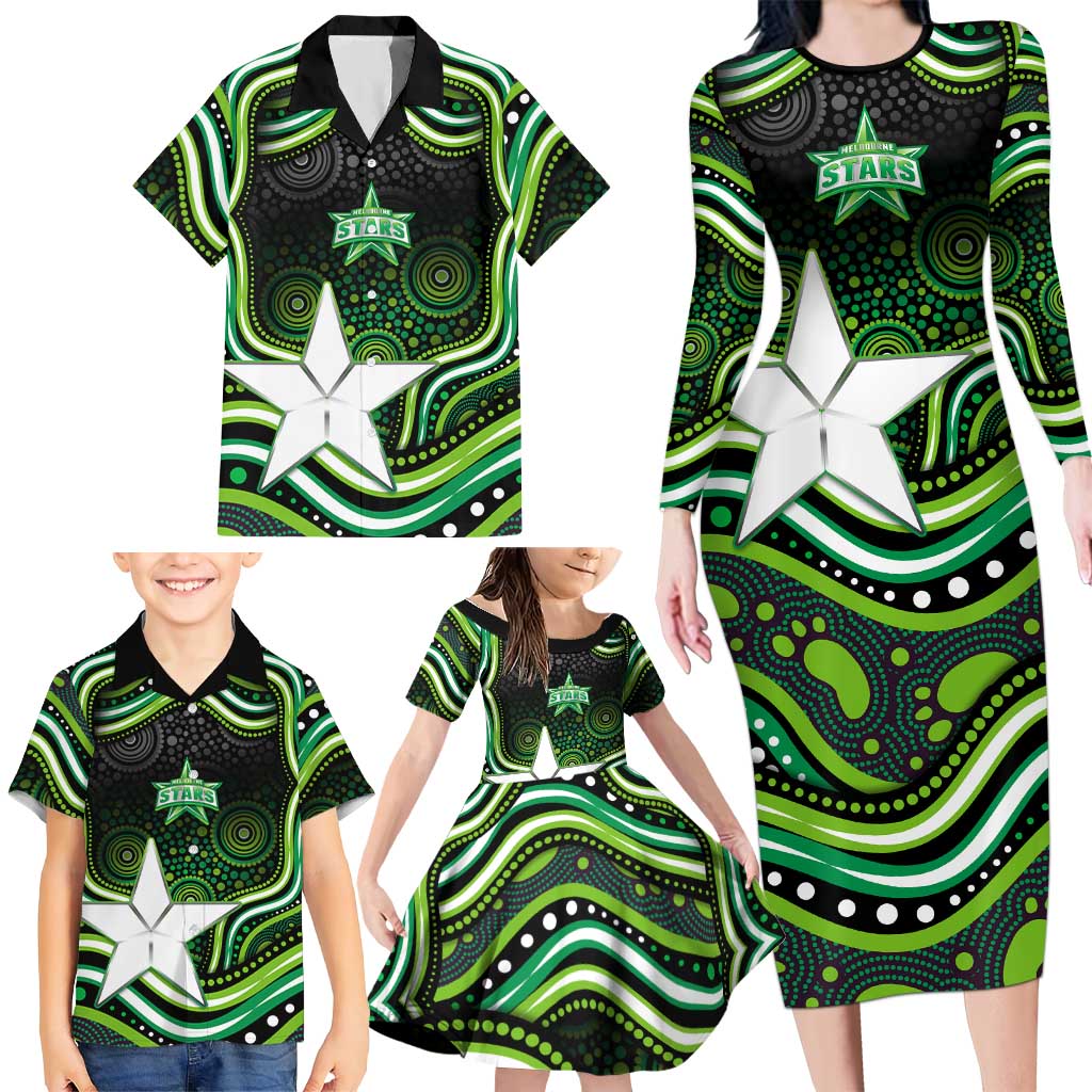 Melbourne Stars Cricket Family Matching Long Sleeve Bodycon Dress and Hawaiian Shirt Australian Cricket Mascot - Modern Indigenous Style