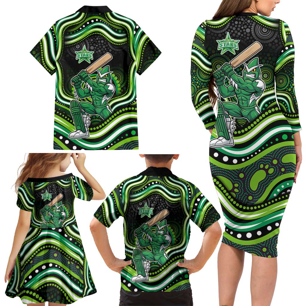 Melbourne Stars Cricket Family Matching Long Sleeve Bodycon Dress and Hawaiian Shirt Australian Cricket Mascot - Modern Indigenous Style