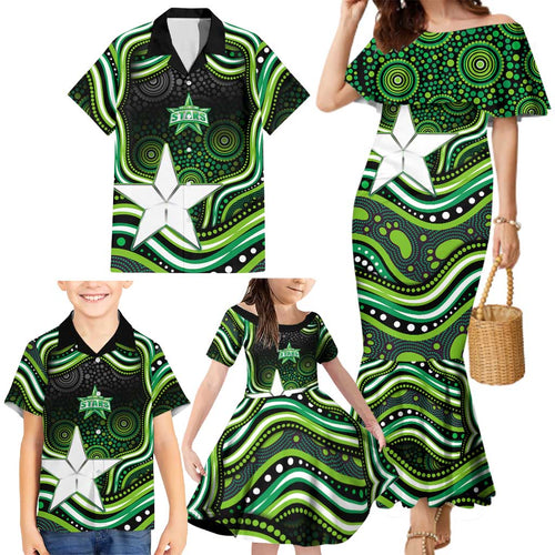 Melbourne Stars Cricket Family Matching Mermaid Dress and Hawaiian Shirt Australian Cricket Mascot - Modern Indigenous Style