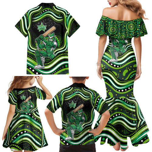 Melbourne Stars Cricket Family Matching Mermaid Dress and Hawaiian Shirt Australian Cricket Mascot - Modern Indigenous Style