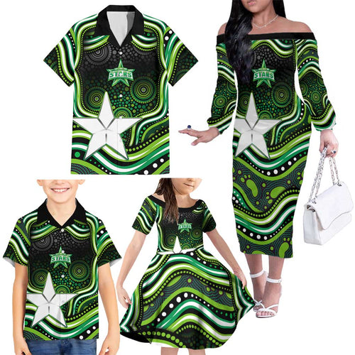 Melbourne Stars Cricket Family Matching Off The Shoulder Long Sleeve Dress and Hawaiian Shirt Australian Cricket Mascot - Modern Indigenous Style