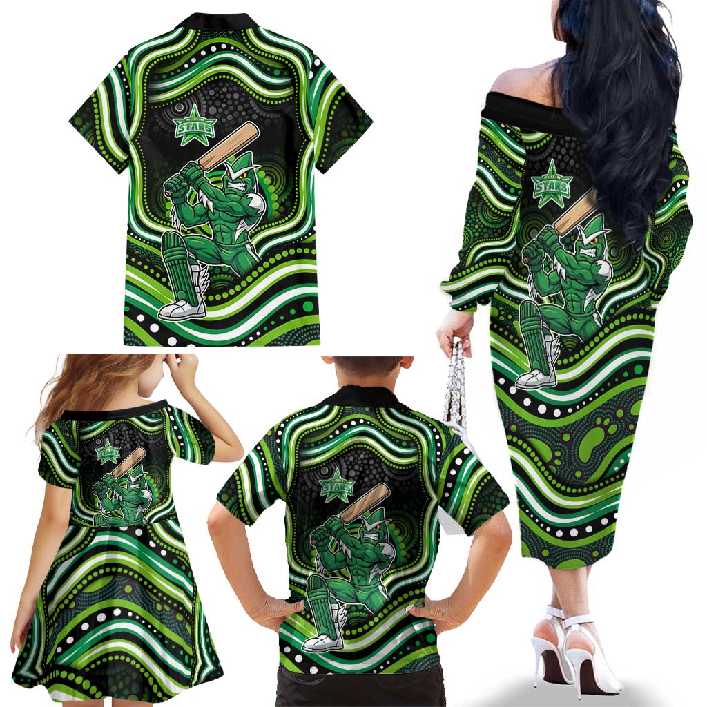 Melbourne Stars Cricket Family Matching Off The Shoulder Long Sleeve Dress and Hawaiian Shirt Australian Cricket Mascot - Modern Indigenous Style