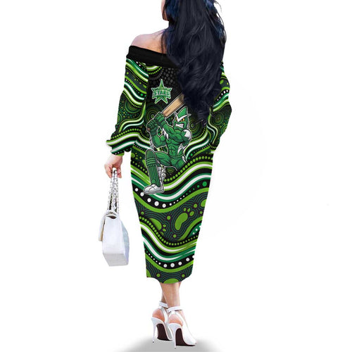 Melbourne Stars Cricket Family Matching Off The Shoulder Long Sleeve Dress and Hawaiian Shirt Australian Cricket Mascot - Modern Indigenous Style