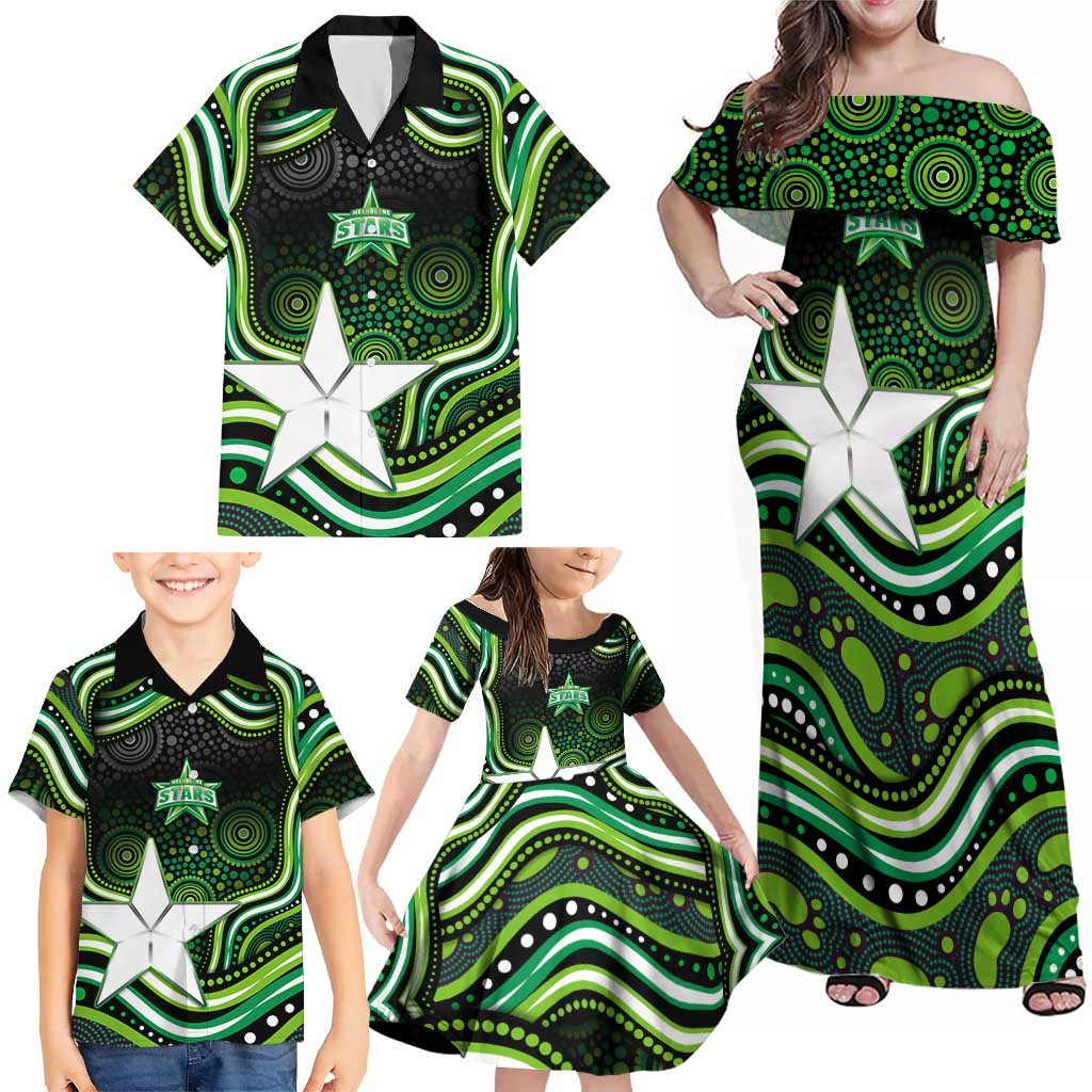 Melbourne Stars Cricket Family Matching Off Shoulder Maxi Dress and Hawaiian Shirt Australian Cricket Mascot - Modern Indigenous Style