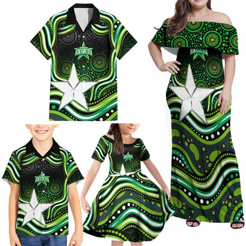 Melbourne Stars Cricket Family Matching Off Shoulder Maxi Dress and Hawaiian Shirt Australian Cricket Mascot - Modern Indigenous Style