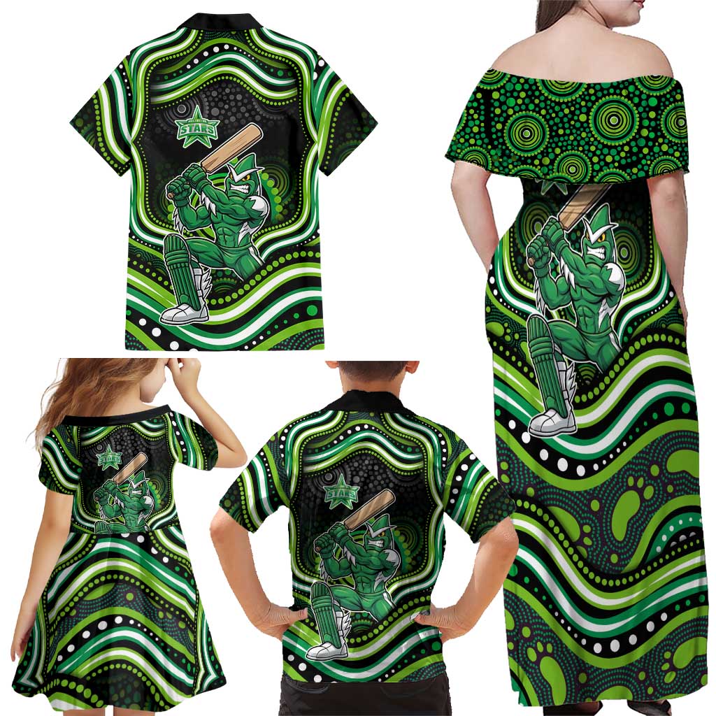 Melbourne Stars Cricket Family Matching Off Shoulder Maxi Dress and Hawaiian Shirt Australian Cricket Mascot - Modern Indigenous Style