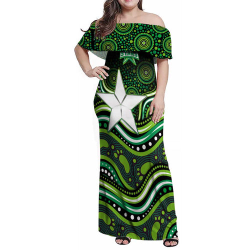 Melbourne Stars Cricket Family Matching Off Shoulder Maxi Dress and Hawaiian Shirt Australian Cricket Mascot - Modern Indigenous Style