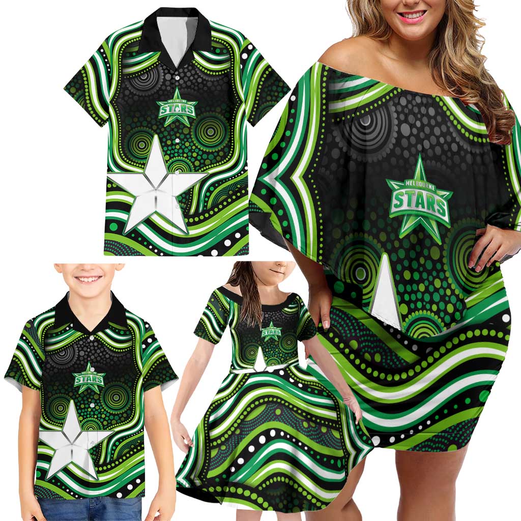 Melbourne Stars Cricket Family Matching Off Shoulder Short Dress and Hawaiian Shirt Australian Cricket Mascot - Modern Indigenous Style
