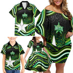 Melbourne Stars Cricket Family Matching Off Shoulder Short Dress and Hawaiian Shirt Australian Cricket Mascot - Modern Indigenous Style