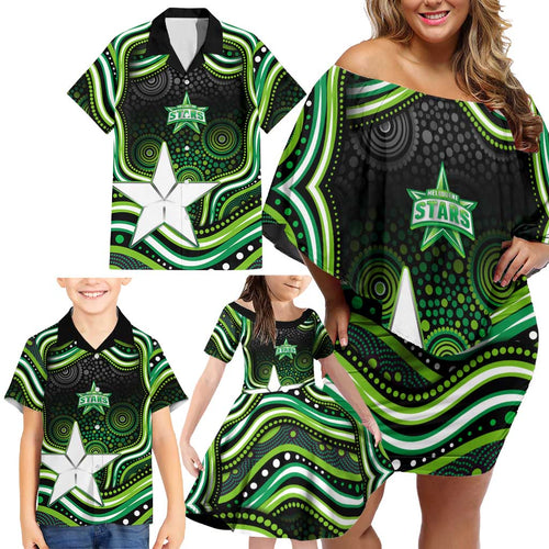Melbourne Stars Cricket Family Matching Off Shoulder Short Dress and Hawaiian Shirt Australian Cricket Mascot - Modern Indigenous Style