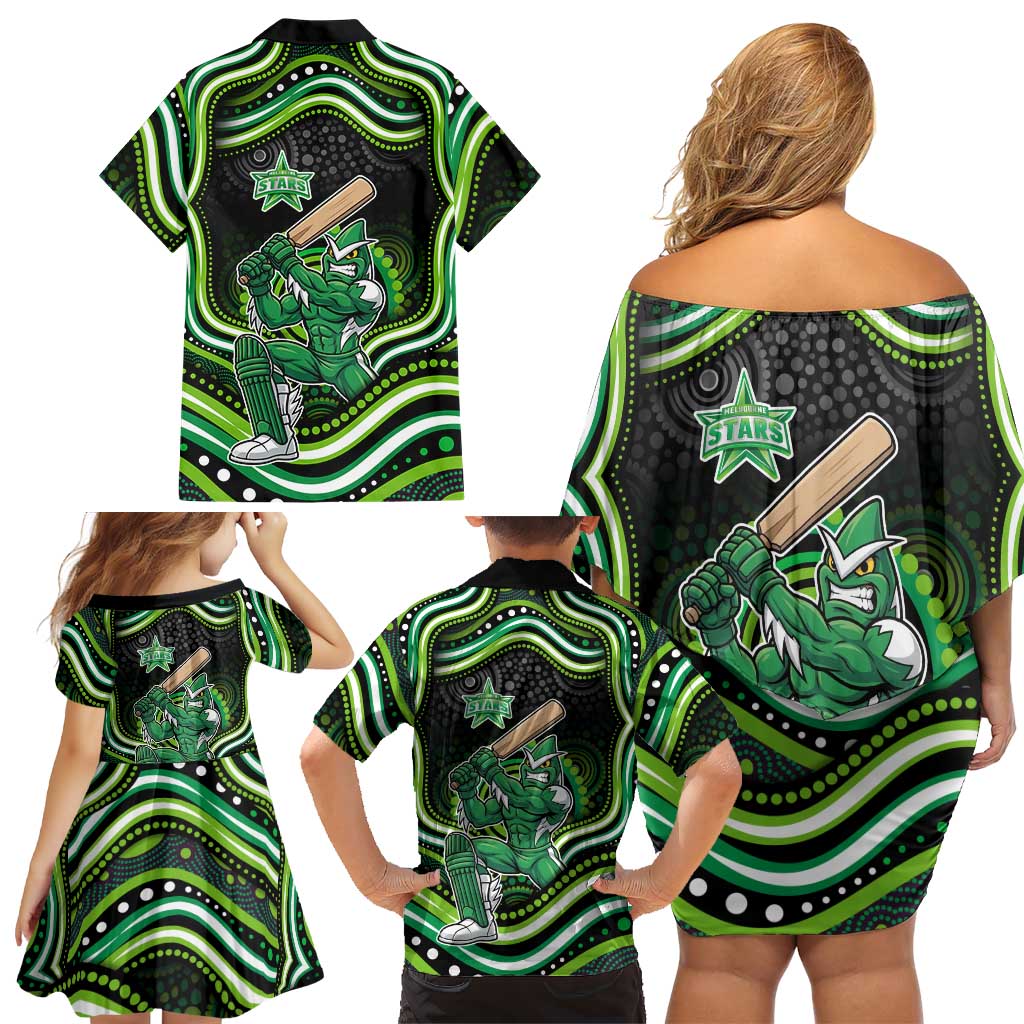 Melbourne Stars Cricket Family Matching Off Shoulder Short Dress and Hawaiian Shirt Australian Cricket Mascot - Modern Indigenous Style