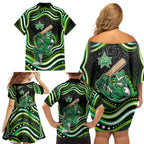 Melbourne Stars Cricket Family Matching Off Shoulder Short Dress and Hawaiian Shirt Australian Cricket Mascot - Modern Indigenous Style