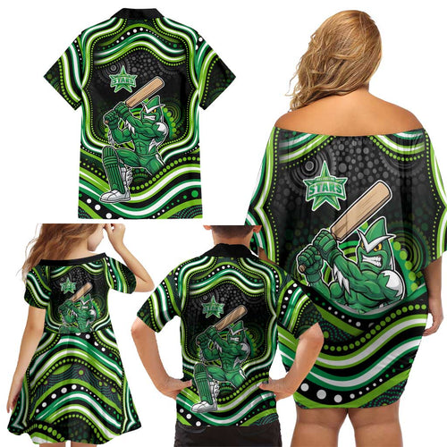 Melbourne Stars Cricket Family Matching Off Shoulder Short Dress and Hawaiian Shirt Australian Cricket Mascot - Modern Indigenous Style