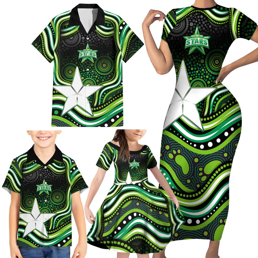 Melbourne Stars Cricket Family Matching Short Sleeve Bodycon Dress and Hawaiian Shirt Australian Cricket Mascot - Modern Indigenous Style
