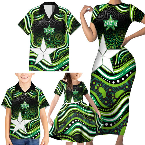 Melbourne Stars Cricket Family Matching Short Sleeve Bodycon Dress and Hawaiian Shirt Australian Cricket Mascot - Modern Indigenous Style