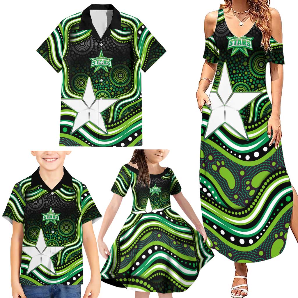 Melbourne Stars Cricket Family Matching Summer Maxi Dress and Hawaiian Shirt Australian Cricket Mascot - Modern Indigenous Style