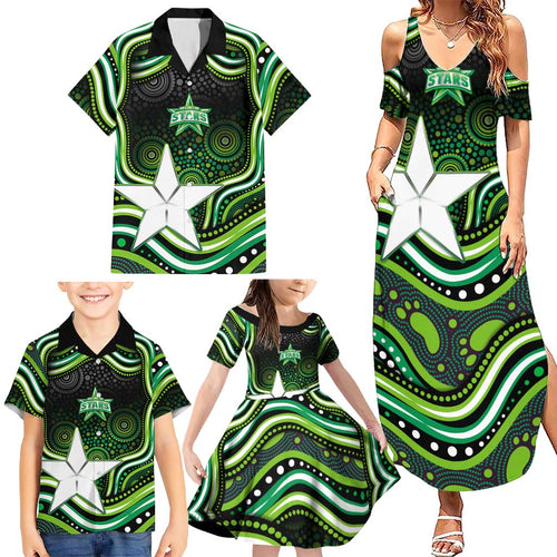 Melbourne Stars Cricket Family Matching Summer Maxi Dress and Hawaiian Shirt Australian Cricket Mascot - Modern Indigenous Style