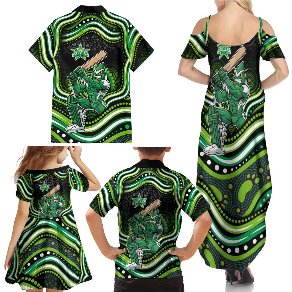 Melbourne Stars Cricket Family Matching Summer Maxi Dress and Hawaiian Shirt Australian Cricket Mascot - Modern Indigenous Style