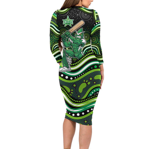 Melbourne Stars Cricket Long Sleeve Bodycon Dress Australian Cricket Mascot - Modern Indigenous Style